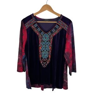 Calessa Velvet Embroidered Tunic Top Sz PL‎ Multicolor Boho Artsy Festival Royal